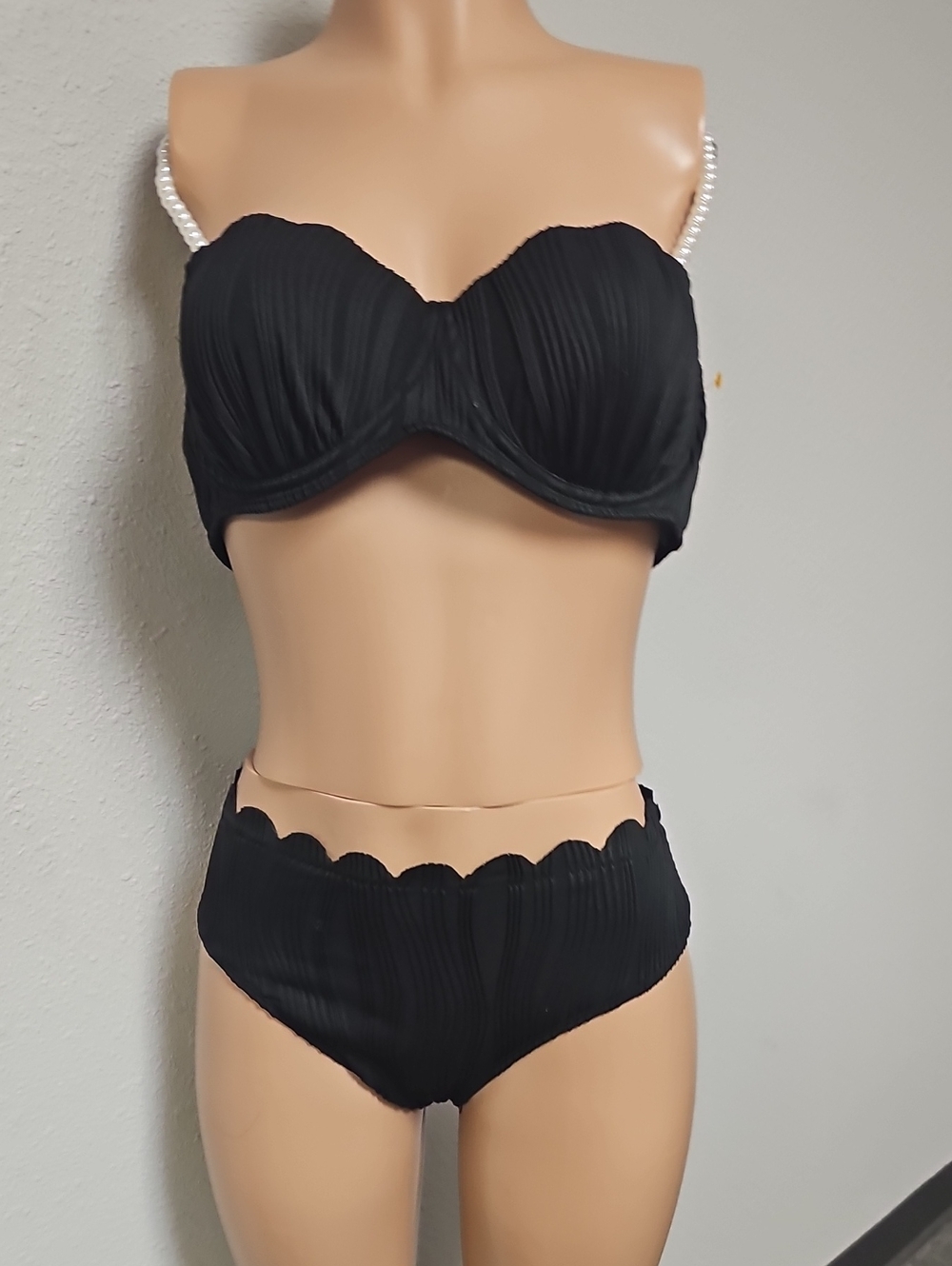 Black Pleated Bandeau Set with Pearl Straps - Women Bikini Set